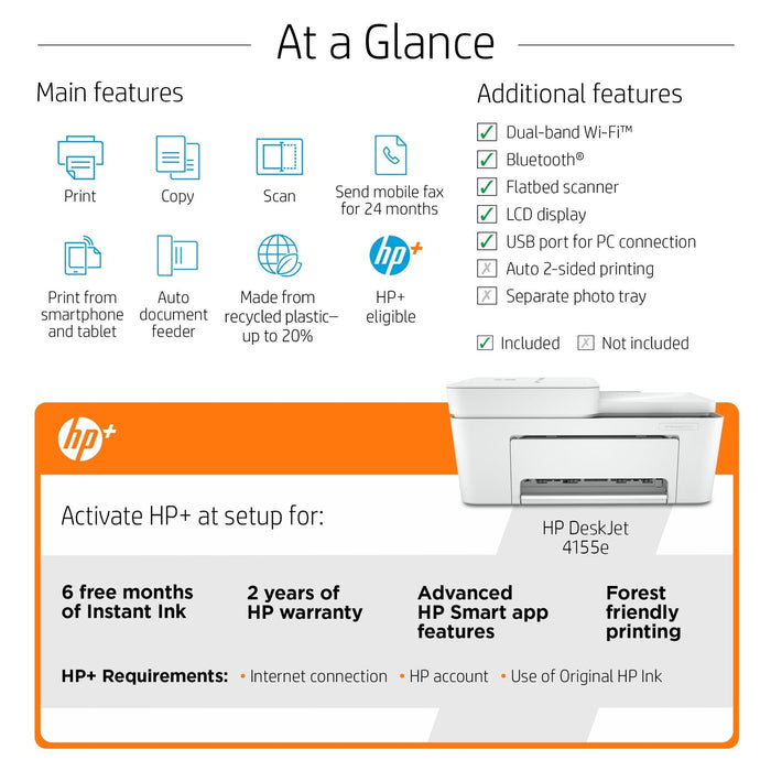 HP Deskjet 4155E All-In-One Inkjet Printer, Color Mobile Print, Copy, Scan, Send